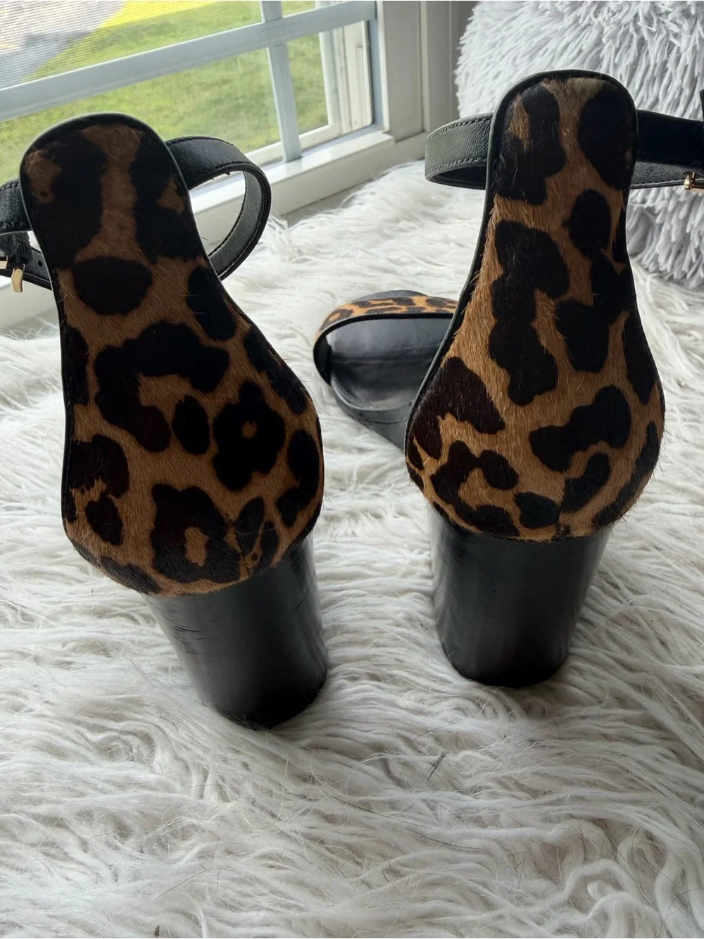 Michael Kors Leopard Calf Hair Wedge Sandals Black Gold Ankle Strap